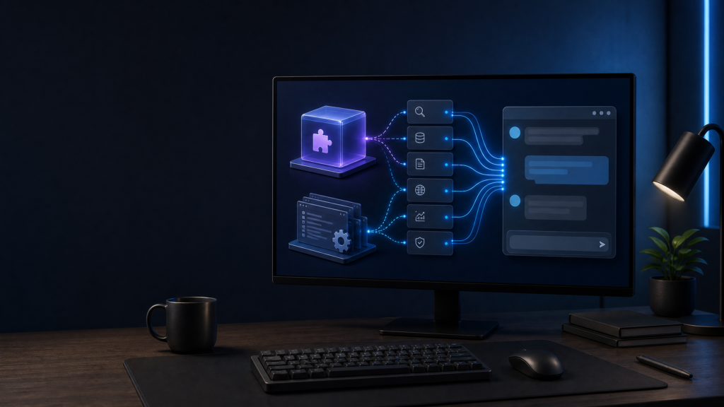 Claude DesktopでMCPを導入する際のDesktop Extensions方式と手動JSON設定の選び方を示す技術イメージ