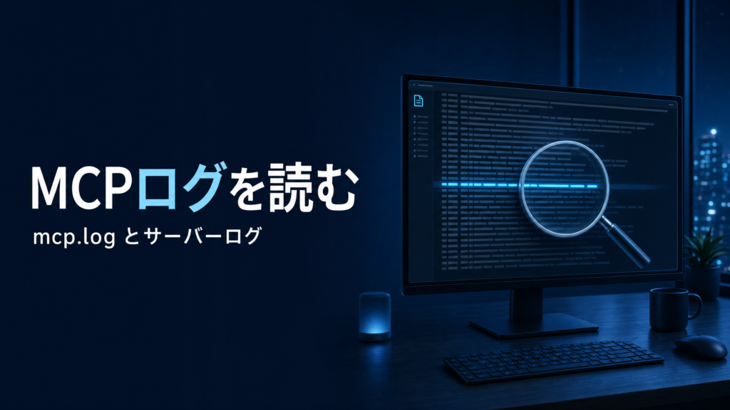 MCPログを読む。mcp.logとサーバーログを、ログ表示のあるモニターと虫眼鏡で表現したアイキャッチ画像。