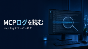 MCPログを読む。mcp.logとサーバーログを、ログ表示のあるモニターと虫眼鏡で表現したアイキャッチ画像。
