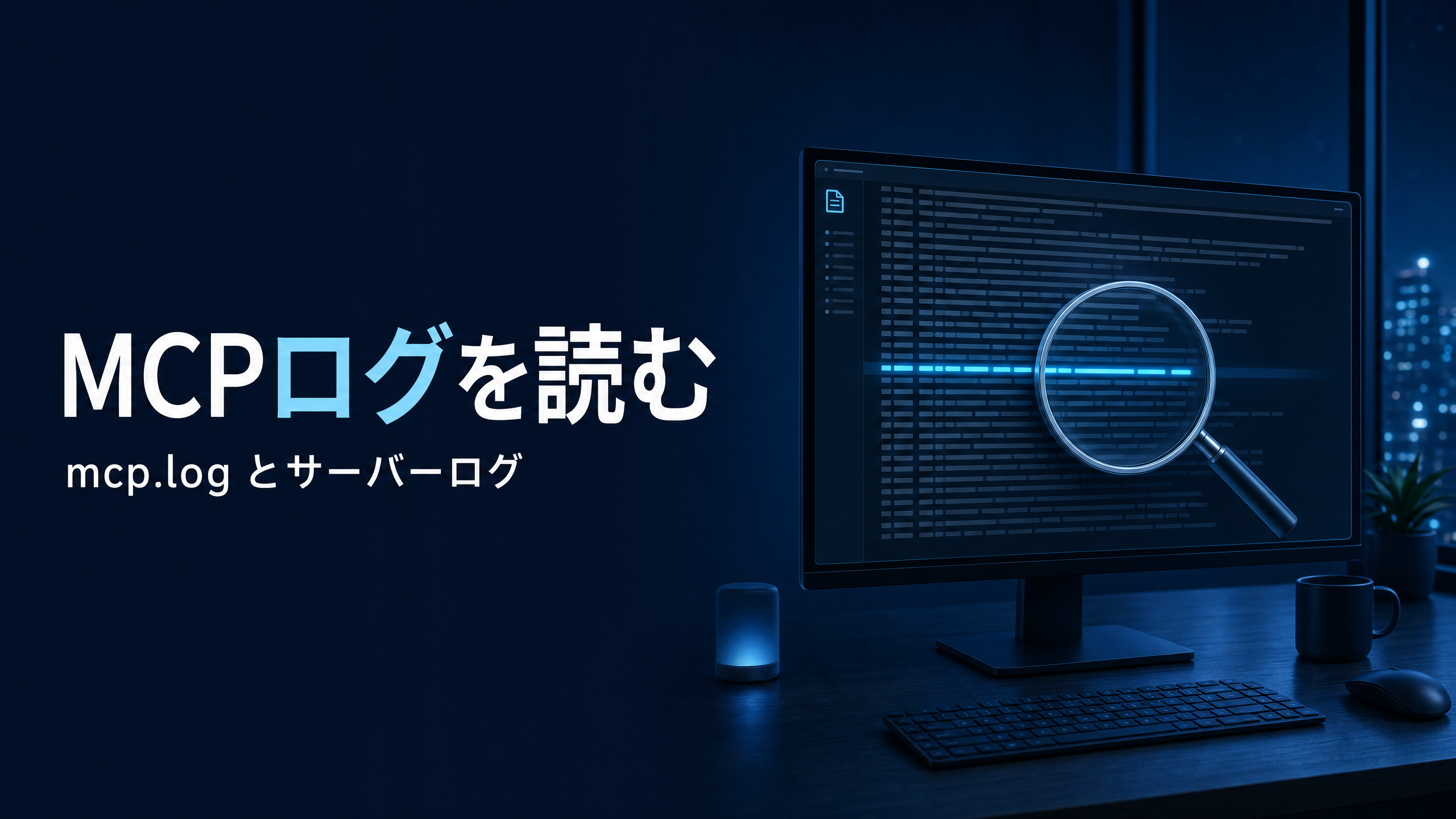 MCPログを読む。mcp.logとサーバーログを、ログ表示のあるモニターと虫眼鏡で表現したアイキャッチ画像。