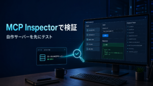 MCP Inspectorで自作MCPサーバーを検証する画面。ツール一覧、入力フォーム、成功結果、プロトコル記録を示している。
