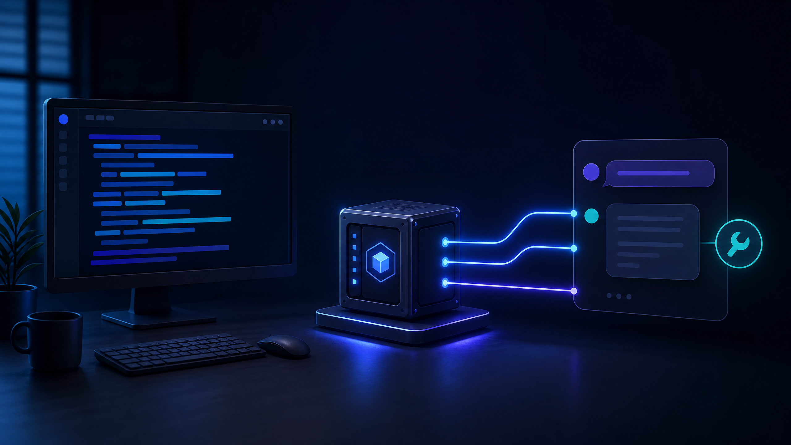 Node.jsで自作MCPサーバーを作り、Claude Desktopへ接続する様子を表したダークブルーの技術イメージ